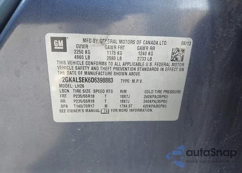 2013 GMC Terrain Sle-2 z USA, uszkodzony, nr VIN 2GKALSEK6D6398883